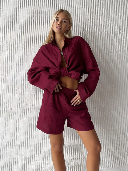 Cotton Button Cardigan Long Sleeve Shorts Autumn Winter Simple Color Two Piece Sets