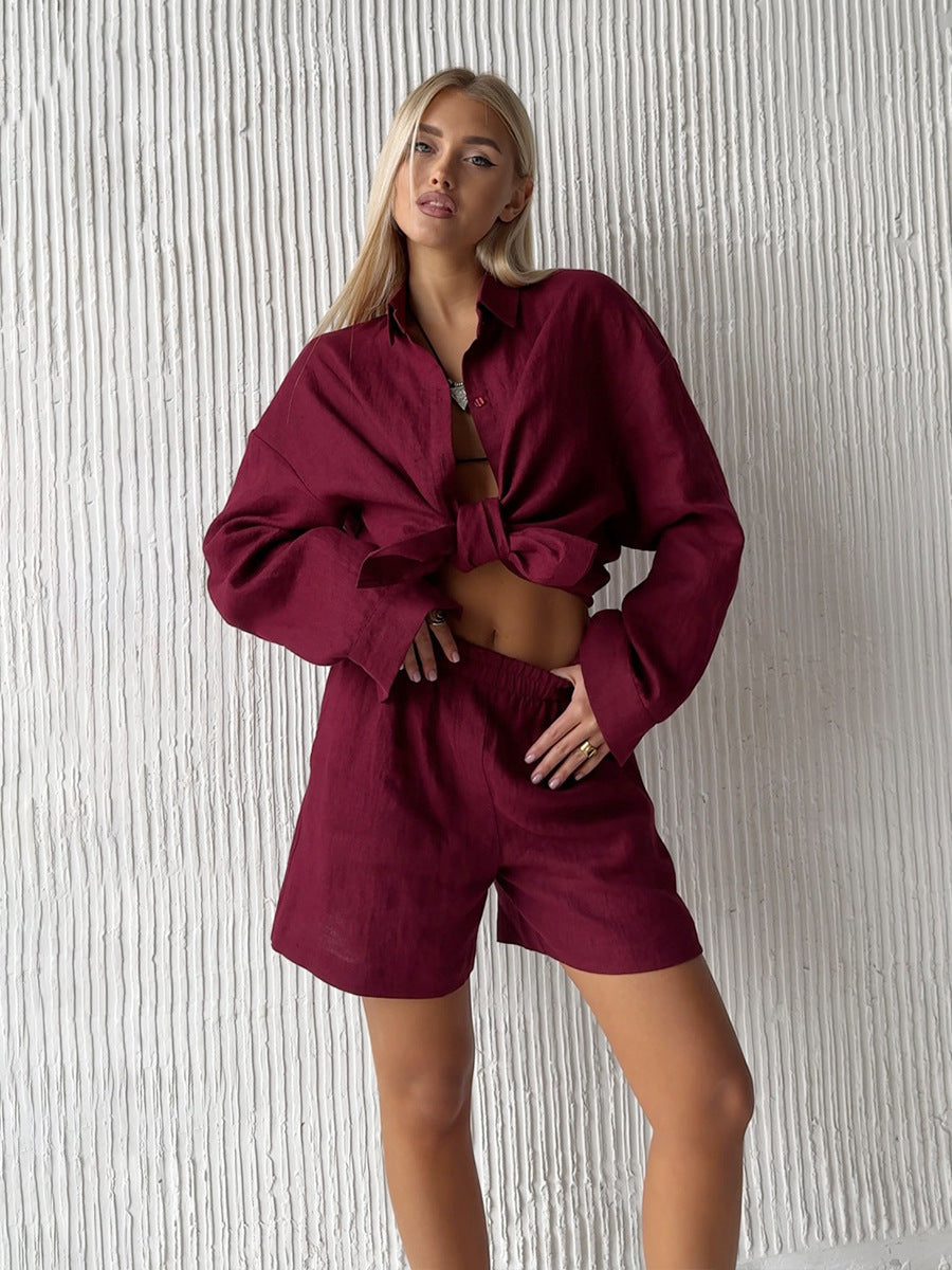 Cotton Button Cardigan Long Sleeve Shorts Autumn Winter Simple Color Two Piece Sets
