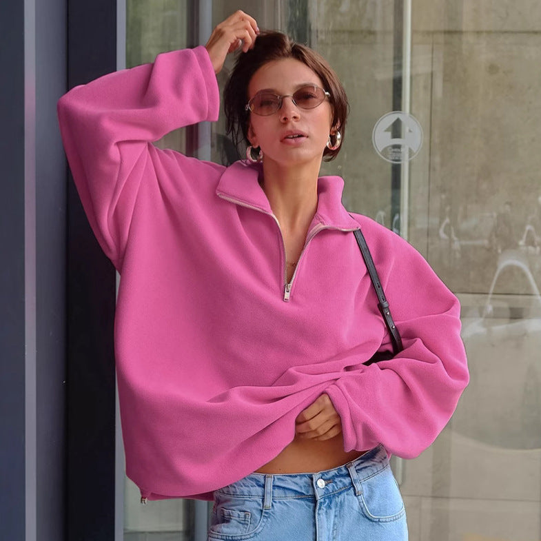 Autumn Winter Pink Collared Fleece Sweatshirt Lamb Wool Tops