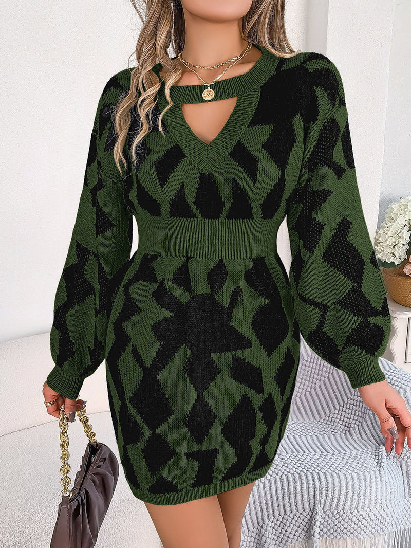 Autumn Winter Color Matching Hollow Out Cutout Out Lantern Sleeve Fitted Waist Sweater Dress Clothing