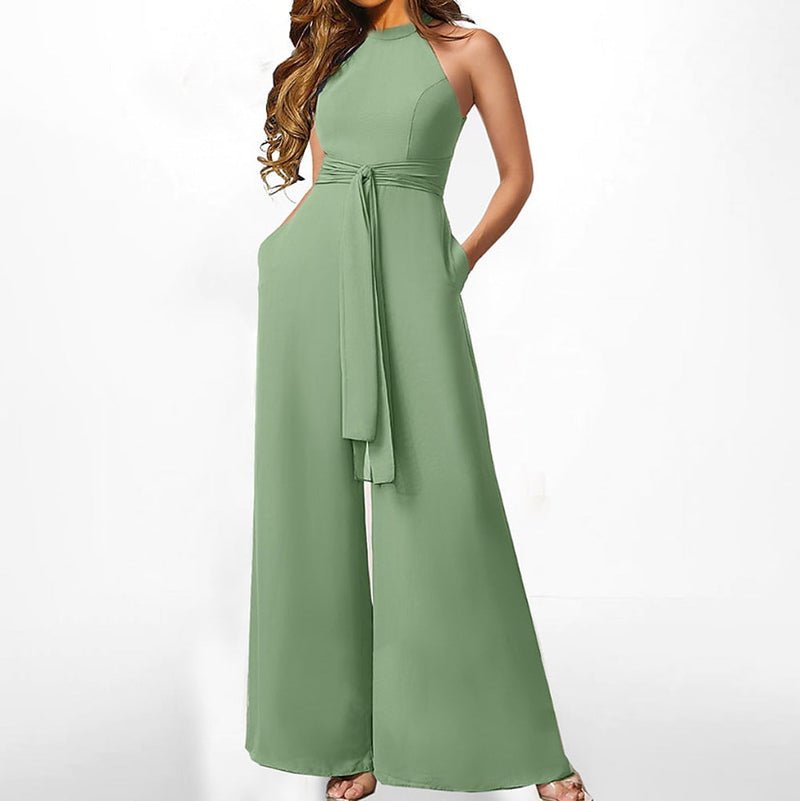 Color Sleeveless Halter High Waist Lace Up Straight Jumpsuit Summer