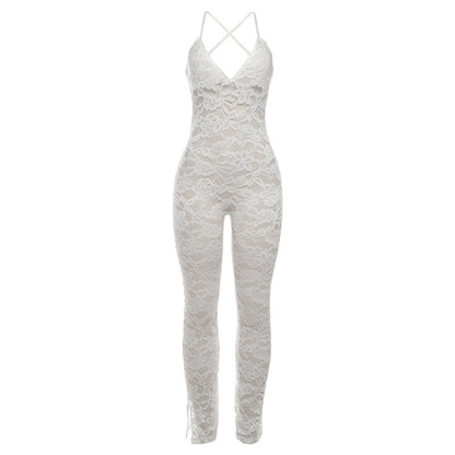 Summer Collection Deep V Plunge Sling Backless Lace See Through Tight Jumpsuit