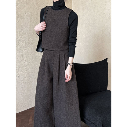 Two Way Vest Wide Leg Pants Autumn Winter Woolen Two Piece Sets