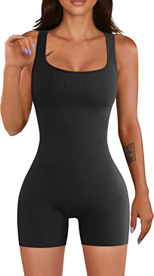 Yoga Jumpsuit Workout Ribbed Square Collar Sleeveless Sports Jumpsuit