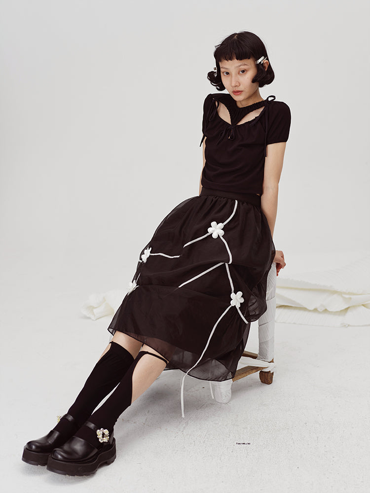 Black Embroidered Midi Skirt - Sheer Overlay Asymmetric Gothic Lolita Style