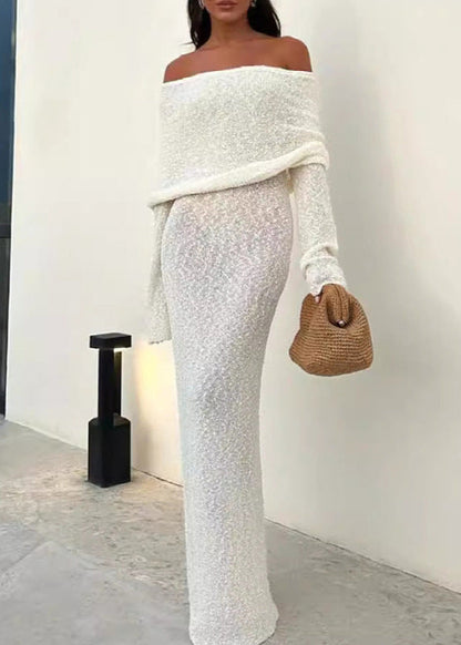 Lumière - Off-shoulder Shimmer Knit Maxi Dress