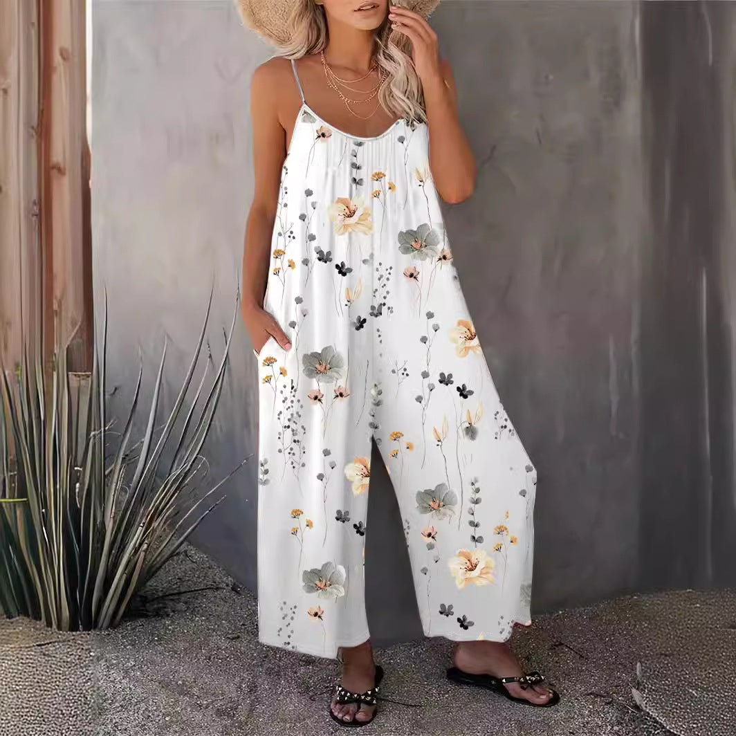 Spring Summer Suspender Trousers Autumn Best Printed Sleeveless Jumpsuit