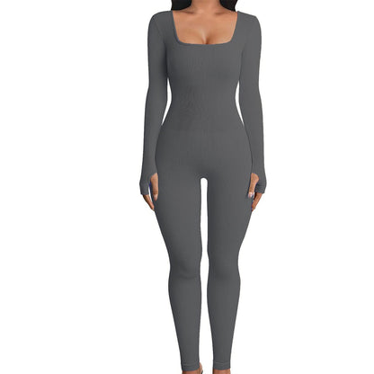 Clothing Jumpsuit Autumn Winter Thread Square Collar Hip Raise Slim Fit Jumpsuit