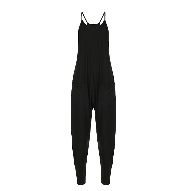 Color Loose High Elastic Suspender Pants Street Harem Loose One Piece Trousers Summer