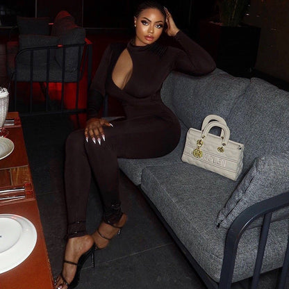Wear Tight Fitting Color Micro Elastic Jumpsuit Long Sleeved Trousers Hollow Out Cutout Mid Waist Thin Jumpsuit