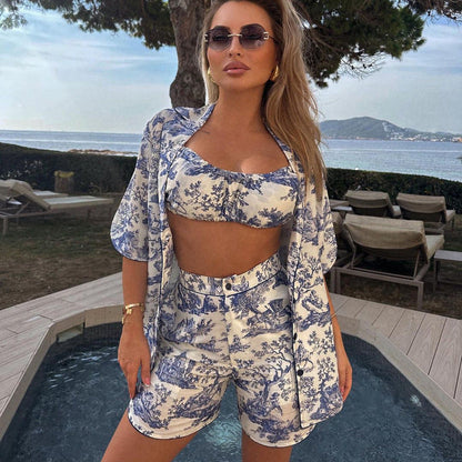 Chinese Ink Printing Shirt Suspender Shorts Three Piece Retro Set Clothing