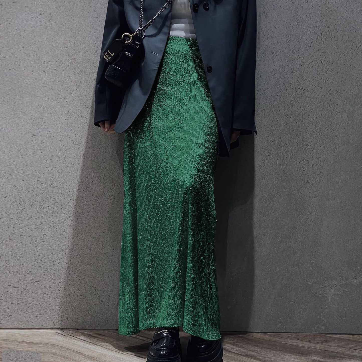 Spring Autumn Popular Long Sleeve Blouse Long Skirt Sequined Set