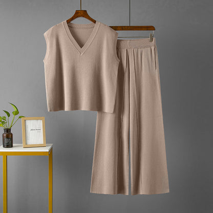 Suit V Neck Loose Sleeveless Knit Vest Top High Waist Loose Slimming Slit Wide Leg Pants