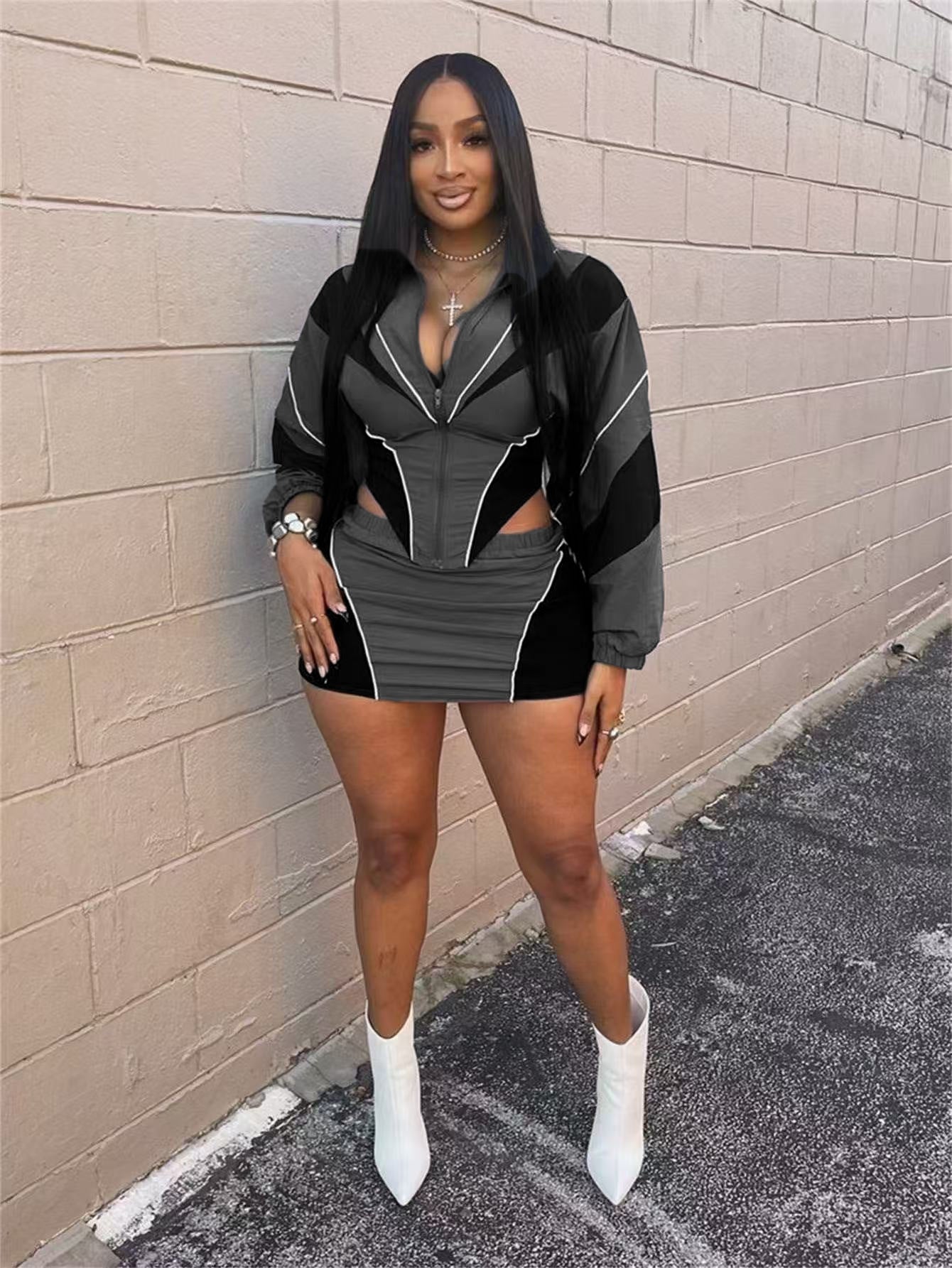 Autumn Sports Loose Contrast Color Long Sleeve Coat Skirt Outfit