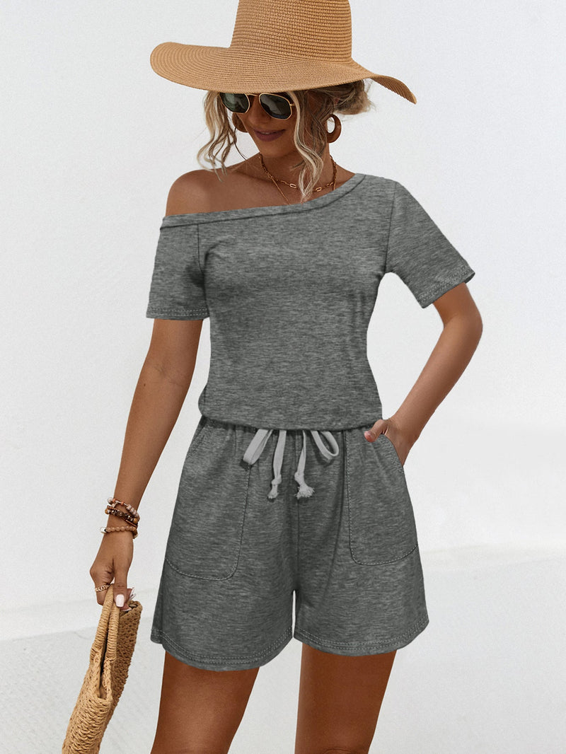Off Shoulder Short Sleeve Pocket Lace Up Sloping Shoulder Off the Shoulder Jumpsuit Shorts