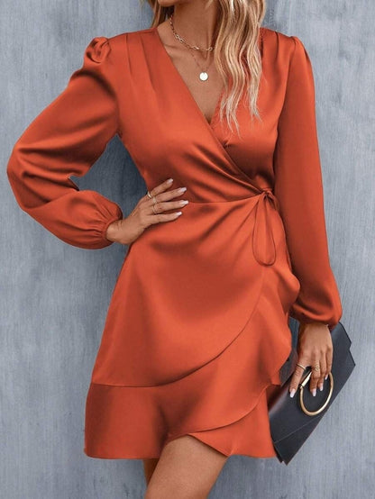V Neck Dress Satin Waist Tight Low Cut Midi Dress Sweet Clothing