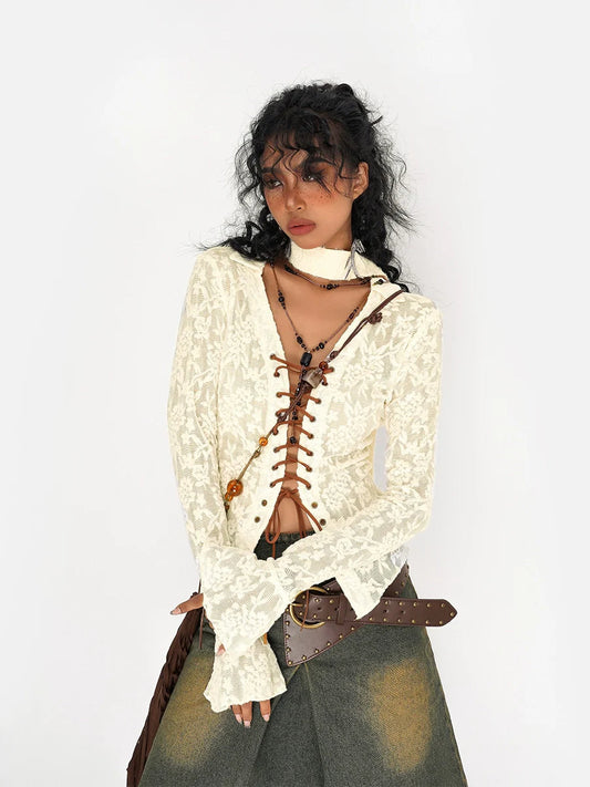 Nico Molly Lace-up Textured Cardigan - Ivory and Black ()