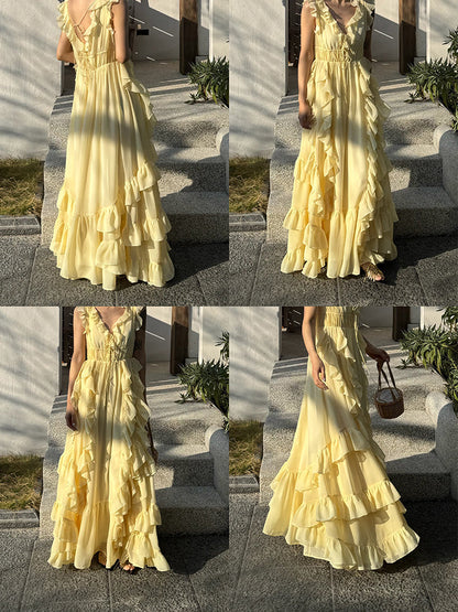 Sunset Ruffle Asymmetrical Maxi Dress Romantic Flowy Vacation Look Gunne Sax Dress