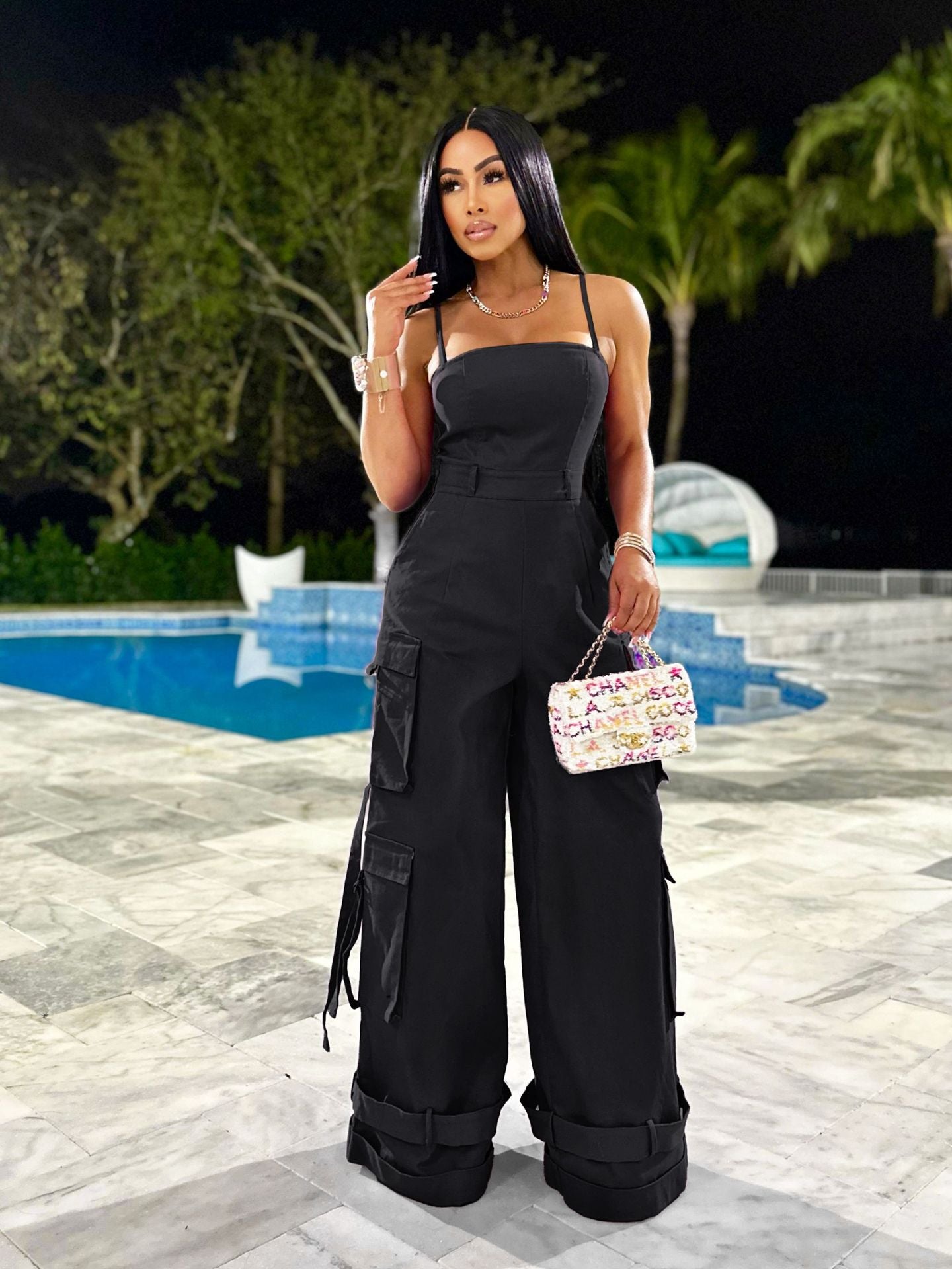 Clothing Tube Top Multi Pocket Workwear Jumpsuit Wide Leg Jumpsuit