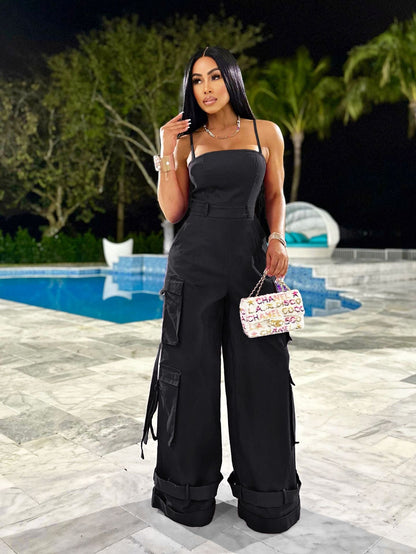 Clothing Tube Top Multi Pocket Workwear Jumpsuit Wide Leg Jumpsuit