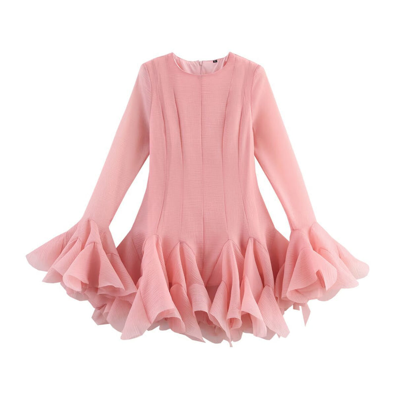 Laminated Ruffled Tulle Tutu Dress Summer Sweet Round Neck Flared Sleeves Slim Fit Short Mini Dress