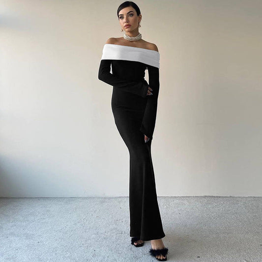 Clothing Autumn Winter Contrast Color Off Shoulder Long Sleeve Waist Slimming Maxi Dress