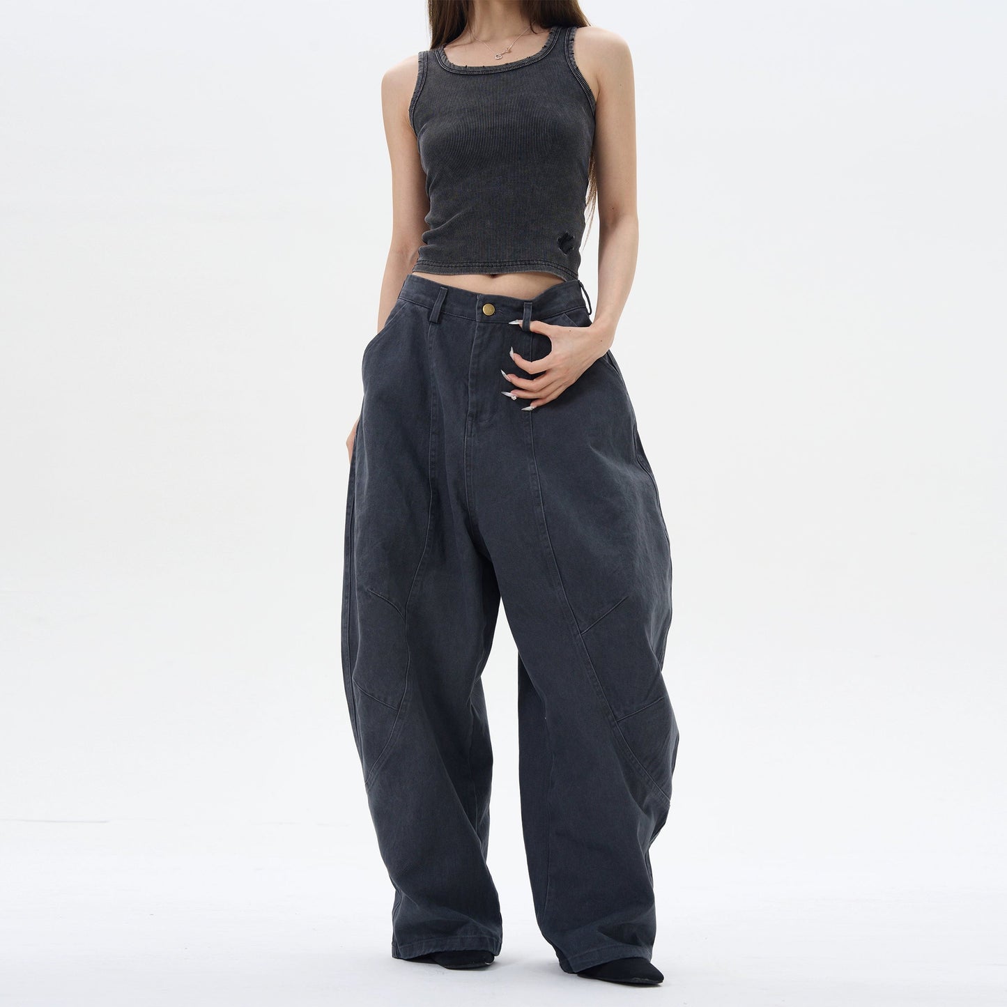 Wide Leg Pleated Dark Denim Pants