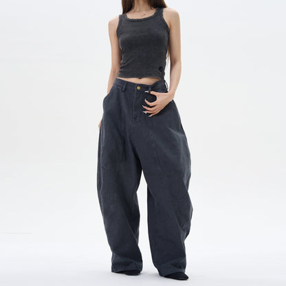 Wide Leg Pleated Dark Denim Pants