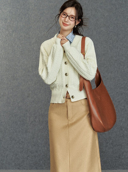 Cozy Cable Knit Cardigan: Classic V-neck Button-up Sweater With Embroidered Logo
