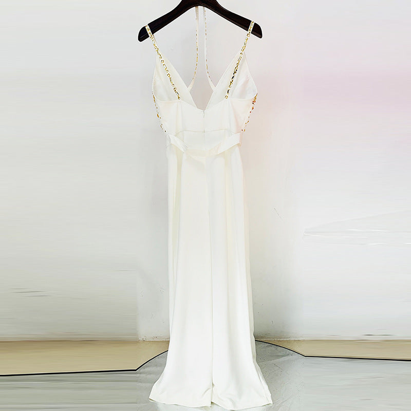 Star Spring Summer Heavy Industry Manual Beaded Sequ V Strap Straight Jumpsuit
