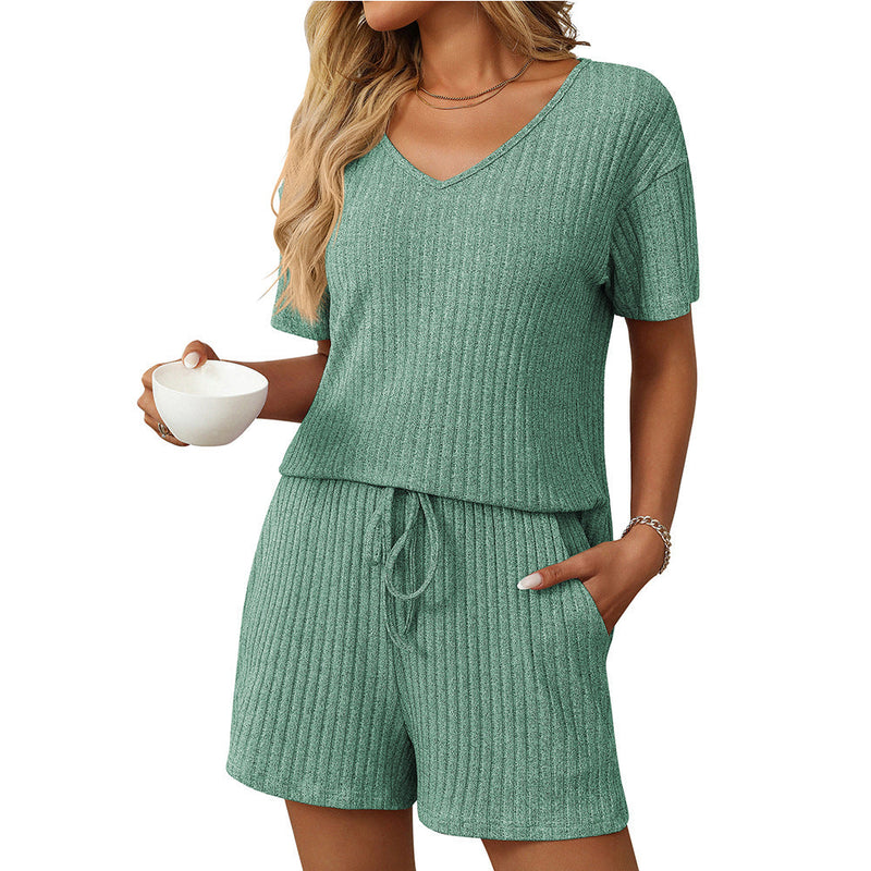 Clothing Summer Color Rib Fabric Short Sleeved Two Piece Pant Sets