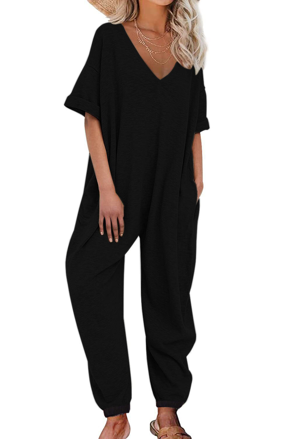V Neck Jumpsuit Short Sleeve Length Jumpsuit Ankle Tied Loose Overalls