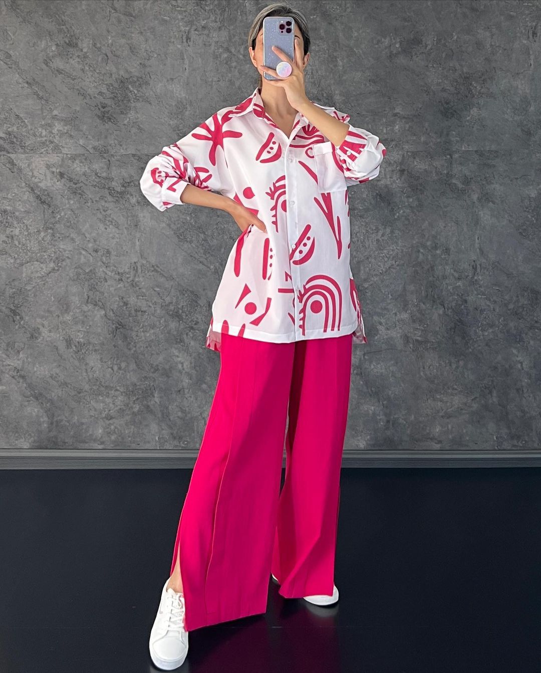 Clothing Long Sleeve Printed Shirt High Waist Slit Wide Leg Pants Set Amplified Craft