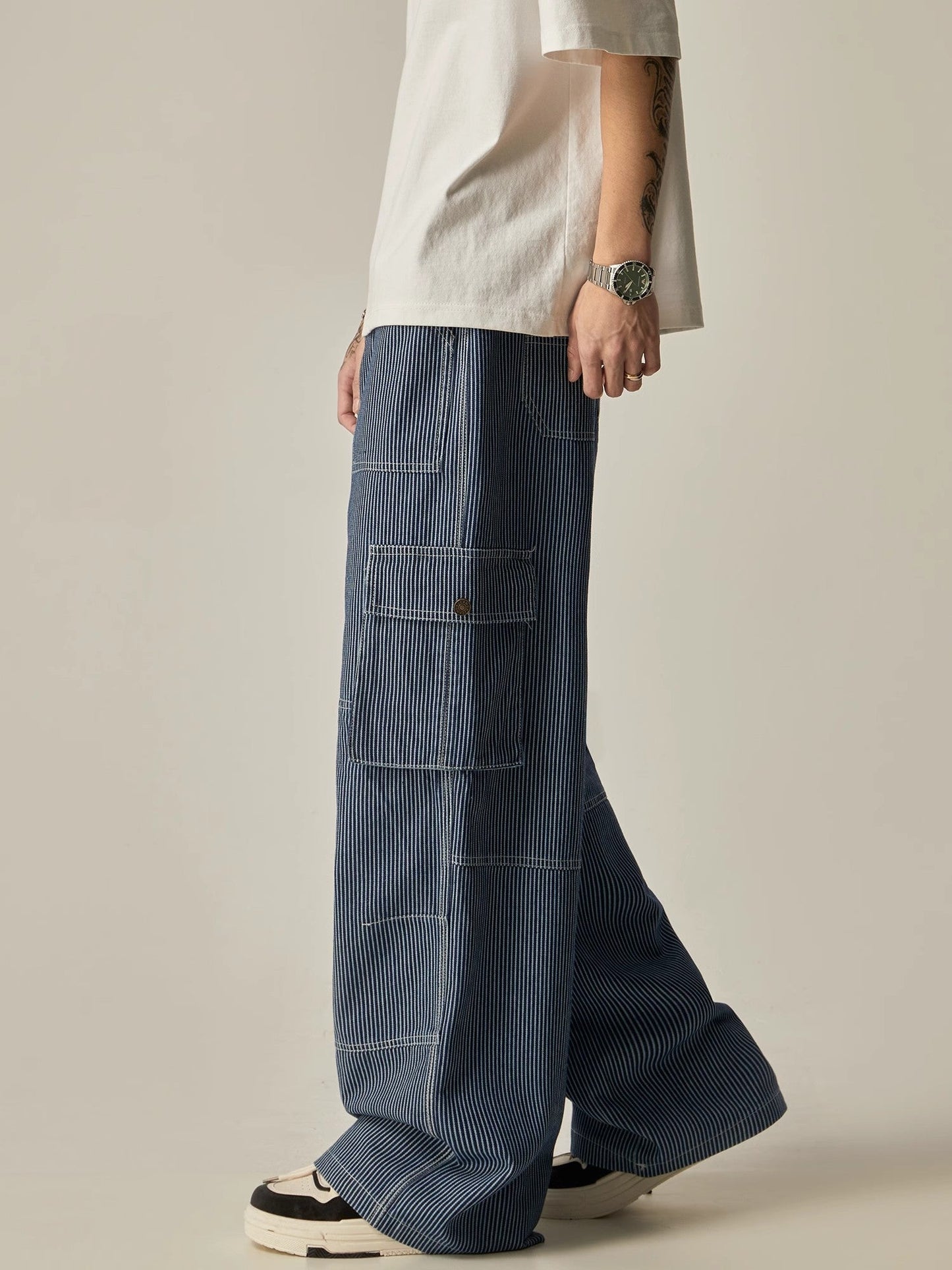 Pinstriped Wide-leg Cargo Utility Pants