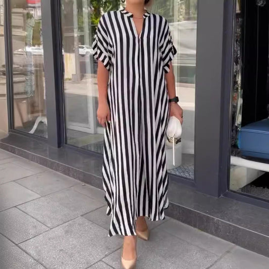 Self Designed Striped Print Spring Summer Split Large Swing Maxi Dress