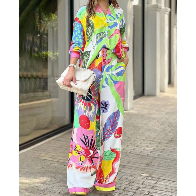 Office Long Sleeve Loose Shirt High Waist Wide Leg Pants Set Amplified Craft