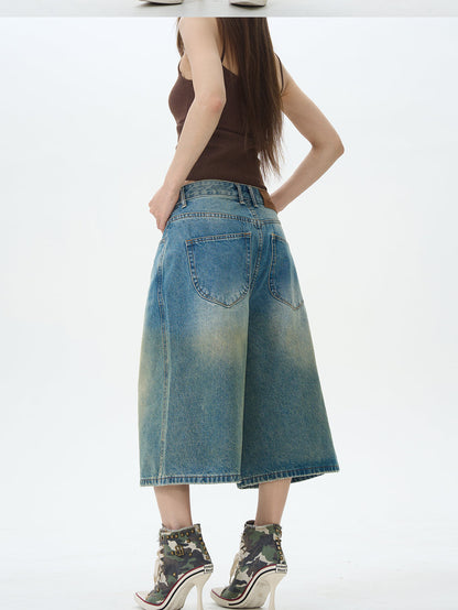 Faded Denim Wide Leg Shorts