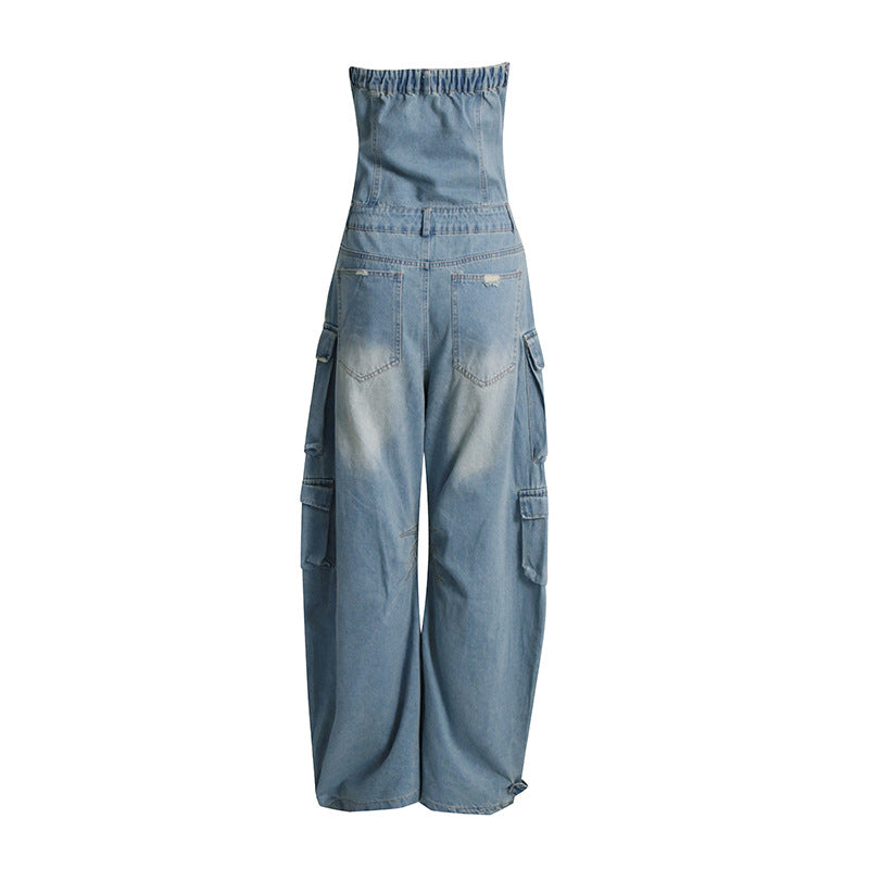 Summer Multi Pocket Ripped Waist Slimming Tube Top Tooling Denim Jumpsuit