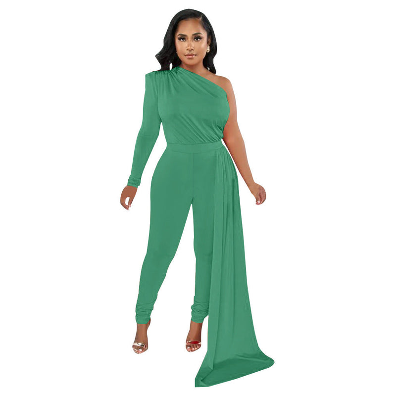 Autumn Pleated Shoulder Color Tight Jumpsuit