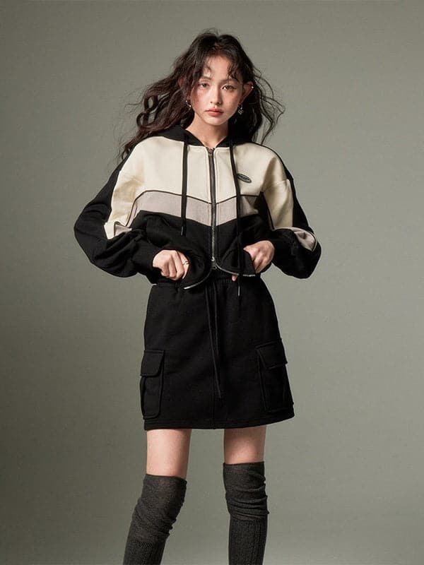 Sporty Zip-up Hoodie & Flared Skirt