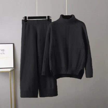 Turtleneck Pullover Thickened Knitting Sweater Set Autumn Winter Loose Idle Wide Leg Pants Two Piece Set