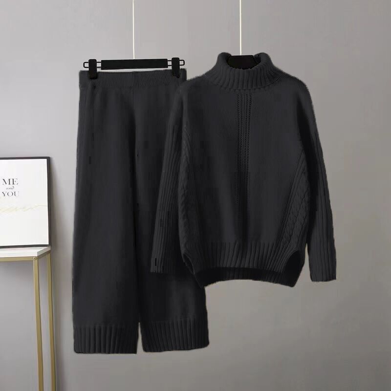 Turtleneck Pullover Thickened Knitting Sweater Set Autumn Winter Loose Idle Wide Leg Pants Two Piece Set