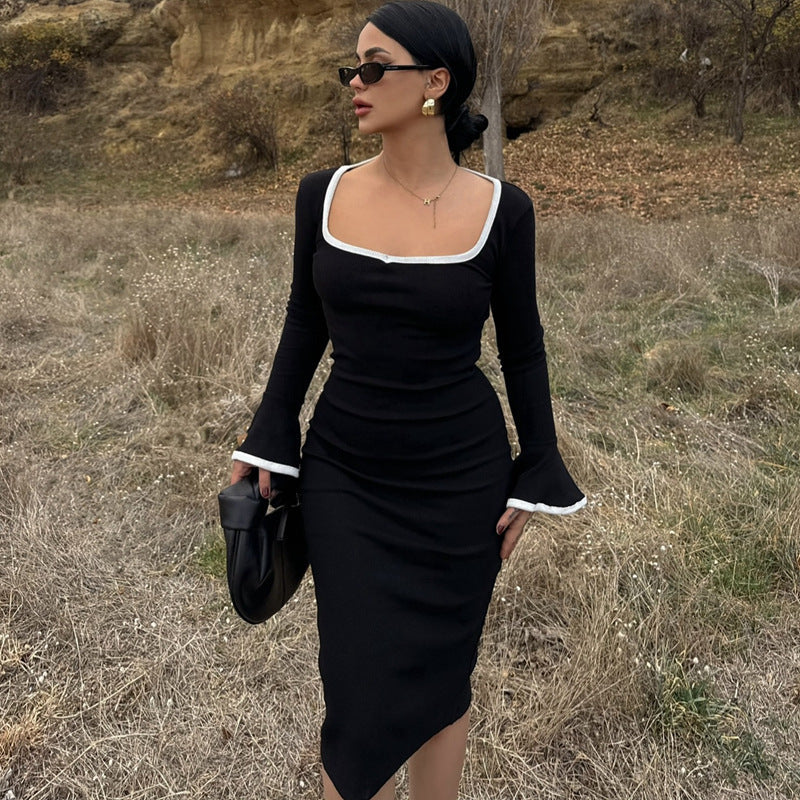 Clothing Winter Square Collar Contrast Color Knitted Midi Dress Bell Sleeve Sheath Dress