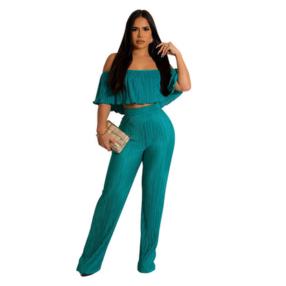 Clothing Popular Pleated Ruffled Off Shoulder Wide Leg Pants Suit