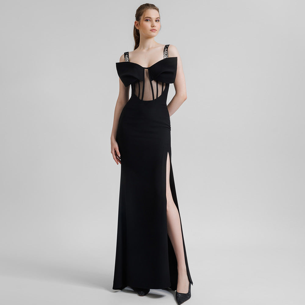 Winter Black Rhinestone Strappy Bow Semi Transparent Maxi Dress Slim Dress