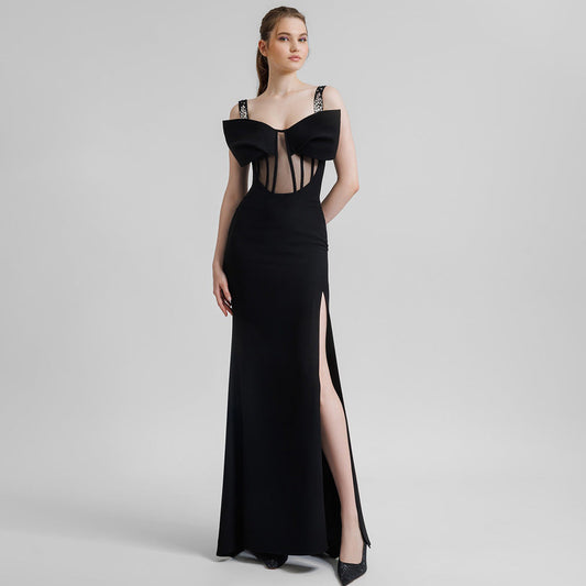 Winter Black Rhinestone Strappy Bow Semi Transparent Maxi Dress Slim Dress