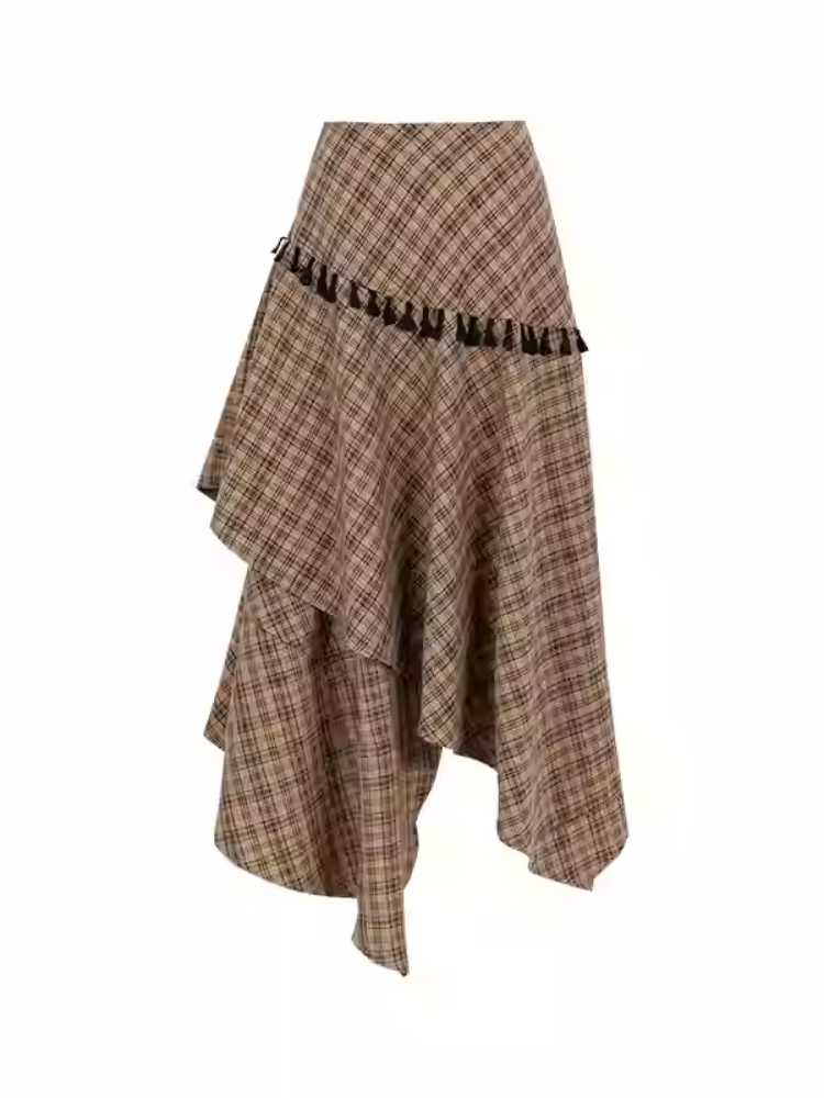 Tassel Plaid Asymmetric Skirt