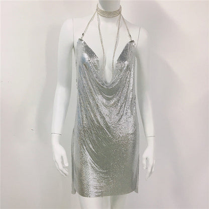 Metallic Coated Fabric Clothing Metal Sequ Dress Sweet Spicy Dress Rhinestone Cami Dress