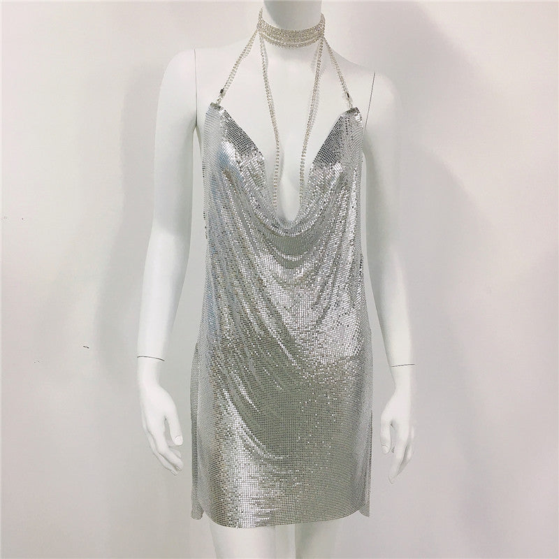 Metallic Coated Fabric Clothing Metal Sequ Dress Sweet Spicy Dress Rhinestone Cami Dress