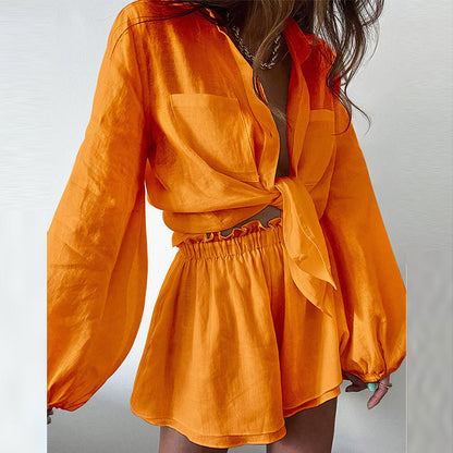 Summer Color Ruffles Shorts Long Sleeve Set